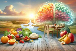 Create an HD image representing the positive effects of mindful eating on overall wellness. The landscape could contain elements such as a calm and serene dining area with wholesome, colorful fruits and vegetables, symbolizing the practice of mindful eating. In the background, you can place a semi-abstract representation of 'wellness' such as a glowing sun or a blooming tree. The essence of peacefulness should be radiated throughout the scene to communicate the connection between nutrition and wellness.