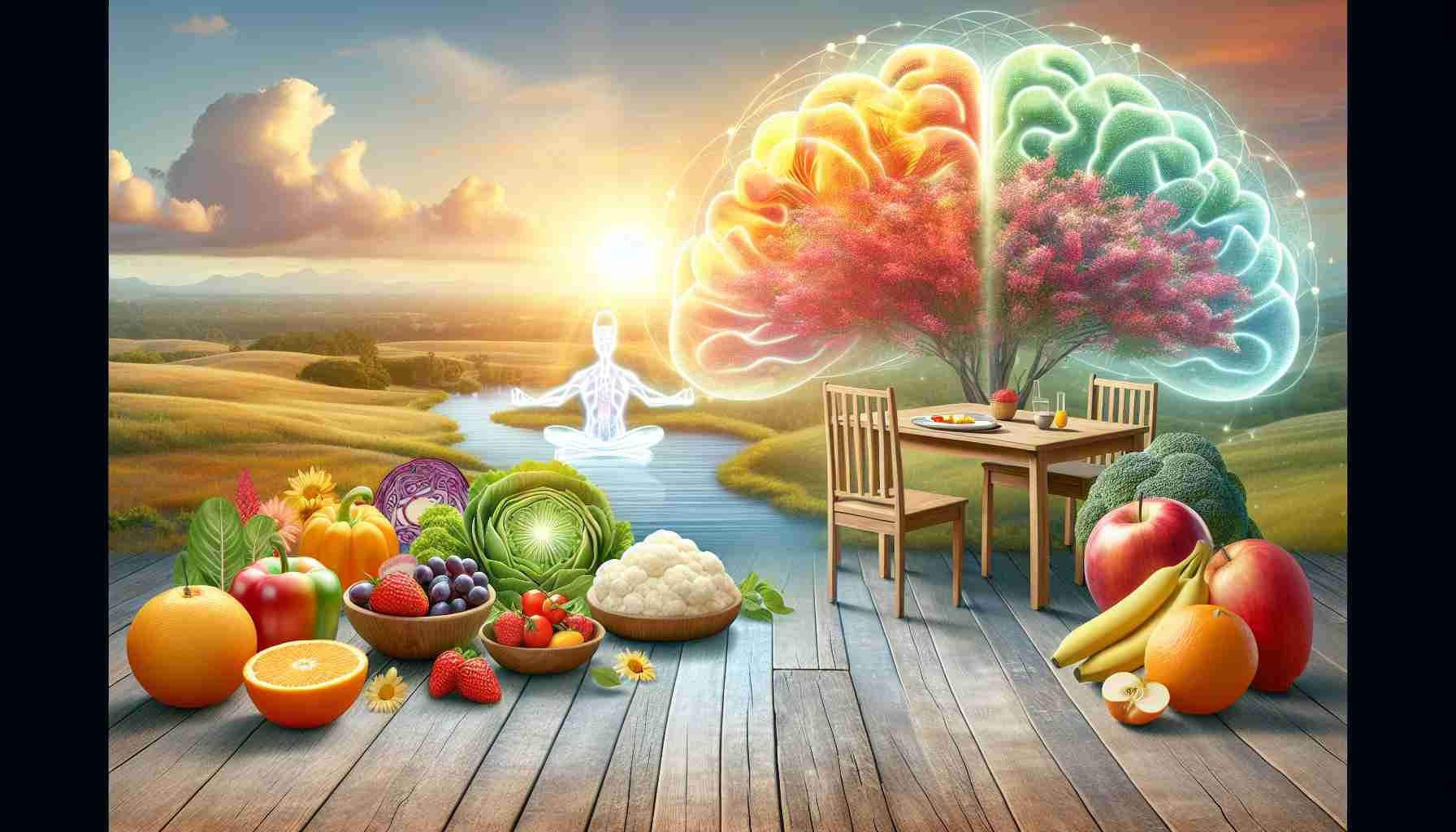 Create an HD image representing the positive effects of mindful eating on overall wellness. The landscape could contain elements such as a calm and serene dining area with wholesome, colorful fruits and vegetables, symbolizing the practice of mindful eating. In the background, you can place a semi-abstract representation of 'wellness' such as a glowing sun or a blooming tree. The essence of peacefulness should be radiated throughout the scene to communicate the connection between nutrition and wellness.