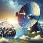 A high-definition, realistic image representing the concept of a satellite technology company, symbolized by a sophisticated satellite dish against the backdrop of a vibrant, clear sky. The image also depicts the notion of expansion and acquisition, achieved by illustrating another smaller symbol denoting a company - perhaps a collection of structures forming a small cityscape - placed nearby the satellite dish, being absorbed or encompassed by the larger symbol. The image conveys the progress and growth of the satellite technology company.