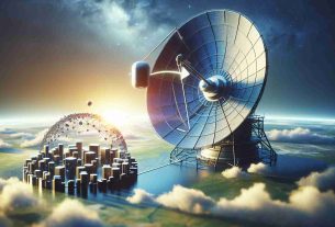 A high-definition, realistic image representing the concept of a satellite technology company, symbolized by a sophisticated satellite dish against the backdrop of a vibrant, clear sky. The image also depicts the notion of expansion and acquisition, achieved by illustrating another smaller symbol denoting a company - perhaps a collection of structures forming a small cityscape - placed nearby the satellite dish, being absorbed or encompassed by the larger symbol. The image conveys the progress and growth of the satellite technology company.