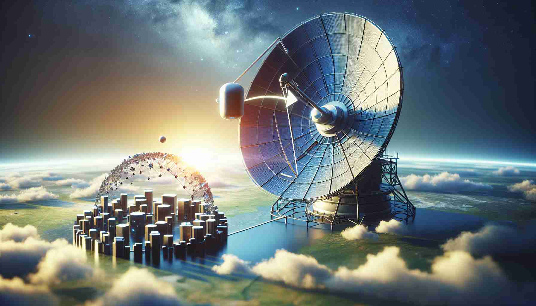 A high-definition, realistic image representing the concept of a satellite technology company, symbolized by a sophisticated satellite dish against the backdrop of a vibrant, clear sky. The image also depicts the notion of expansion and acquisition, achieved by illustrating another smaller symbol denoting a company - perhaps a collection of structures forming a small cityscape - placed nearby the satellite dish, being absorbed or encompassed by the larger symbol. The image conveys the progress and growth of the satellite technology company.