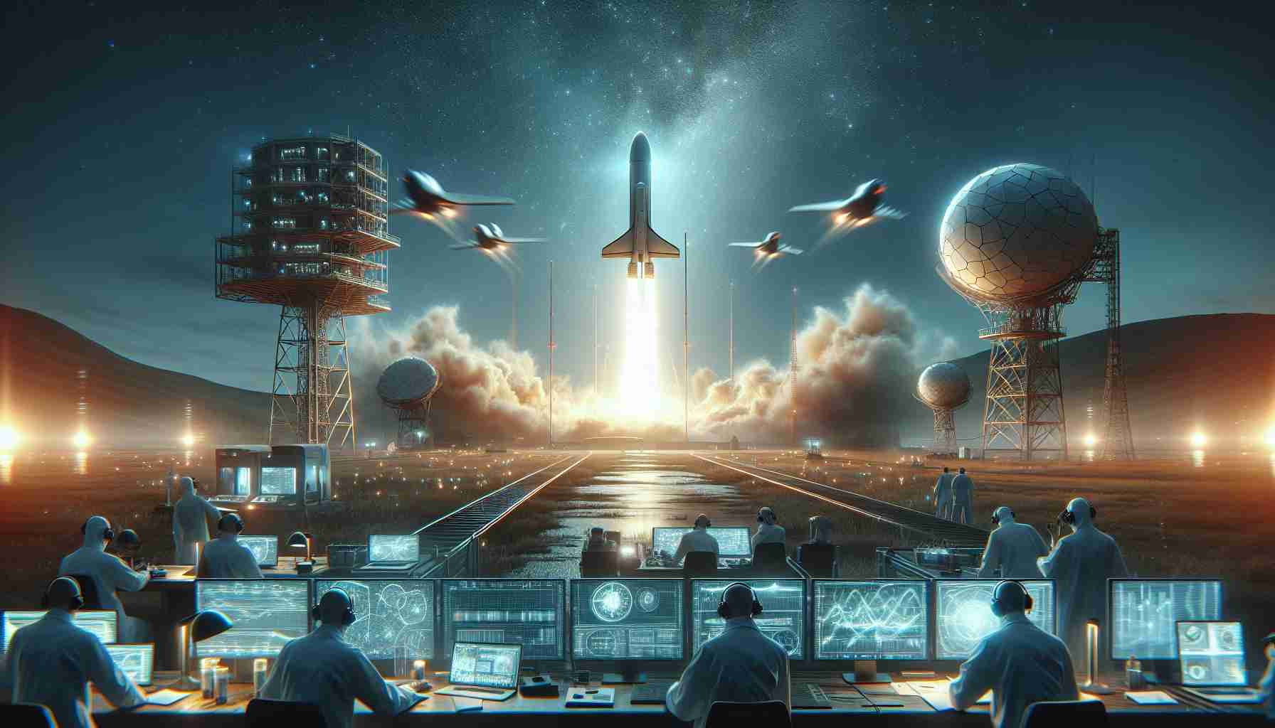 High-definition, photorealistic image of an unidentified launch event that has left experts puzzled and intrigued. The scene shows a highly advanced and unidentified craft lifting off into the sky, surrounded by an aura of energy. The environment is a military-style launch field, complete with radar dishes, control towers and scientists in lab coats puzzling over monitors and graphs. A sense of mystery and uncertainty pervades the scene.