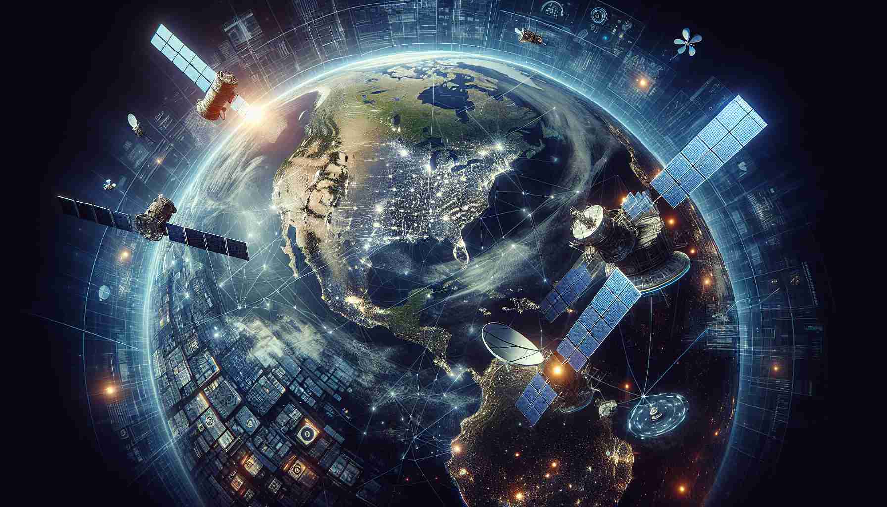 A highly detailed, realistic image depicting the concept of SpaceX working to expand global internet coverage through innovative collaboration. The image should include several representation of satellites, beaming signals across our globe. There might be a few representations of different locations on earth to highlight the concept of global coverage. These could include urban scenes, rural areas, islands, and mountains. The image could also subtly depict signs of partnership, perhaps through logos and symbols of various tech and communication industries. Please note, the logos or symbols are to be distinctly non-identifiable and generic.