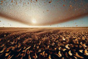 Generate a high-definition, realistic image of a spectacular moment captured by a drone. The photo shows the immense migration patterns of Monarch butterflies. The sky is filled with thousands of these majestic insects, their orange and black wings forming an intricate, delicate pattern against a clear sky. The perspective offers a wide view of the migration, resembling a soft, fluttering carpet of butterflies moving across the landscape. The composition of the photo gives an understanding of the sheer scale of this natural phenomenon.