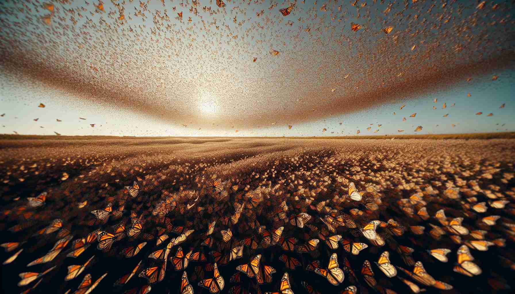 Generate a high-definition, realistic image of a spectacular moment captured by a drone. The photo shows the immense migration patterns of Monarch butterflies. The sky is filled with thousands of these majestic insects, their orange and black wings forming an intricate, delicate pattern against a clear sky. The perspective offers a wide view of the migration, resembling a soft, fluttering carpet of butterflies moving across the landscape. The composition of the photo gives an understanding of the sheer scale of this natural phenomenon.