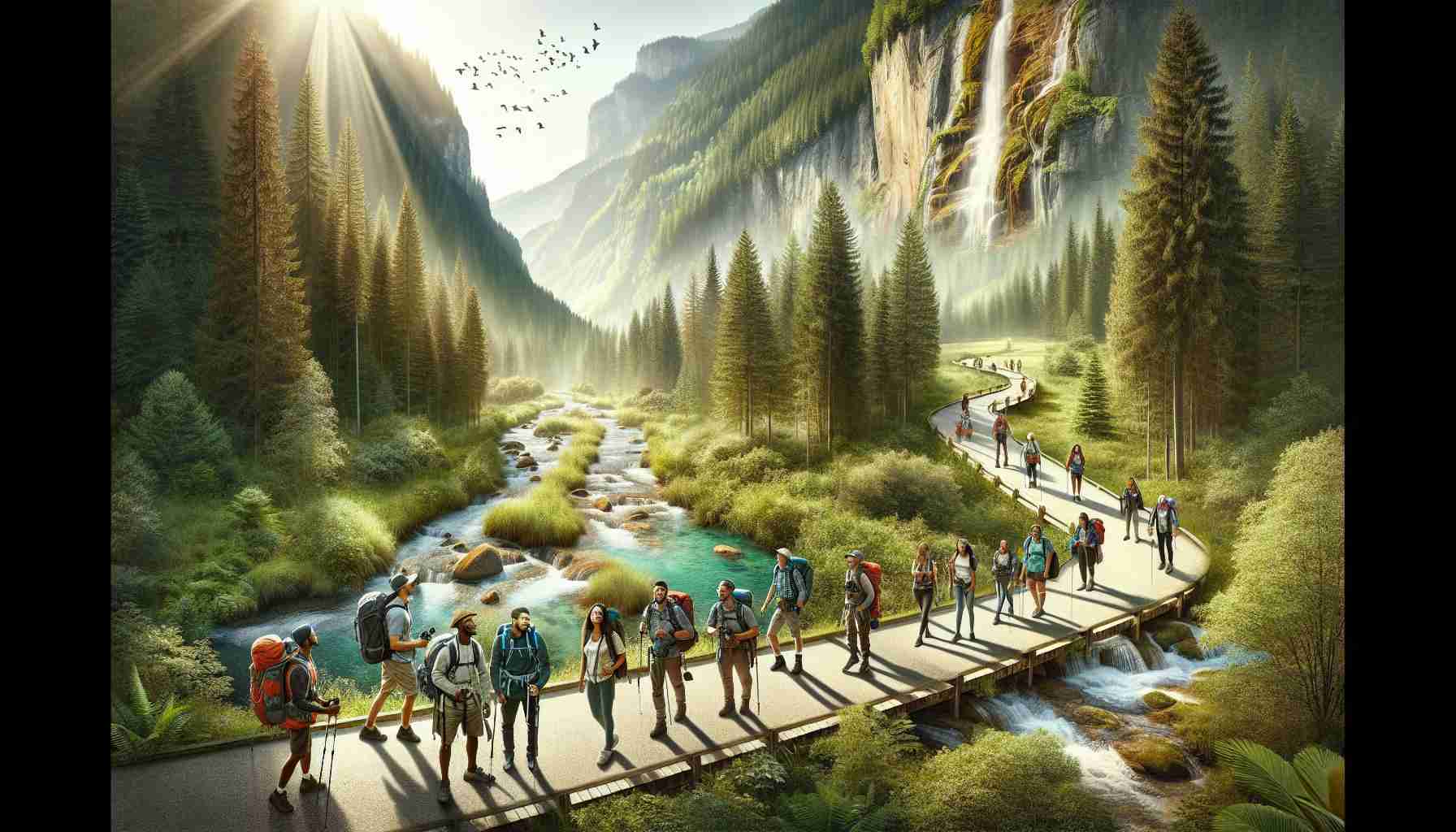 A high definition photo realistically depicting the beauty of nature through outdoor adventures. There is a panoramic view of a lush green forest with towering trees, cascading waterfalls, and a freeway of hiking trails. On these trails, we can see a diverse group of adventurers comprising South Asian men, Black women, and Middle-Eastern individuals. They are equipped with hiking gear, backpacks, and binoculars. The sunlight filtering through the trees and the sparkling water create a picturesque canvas, invoking a sense of tranquility and adventure.