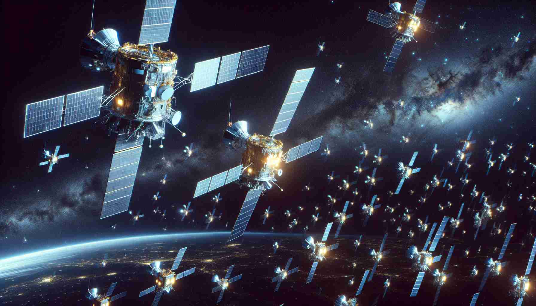 A high definition, realistic image portraying the contemporary space race. It features numerous gleaming satellites zipping through the night sky, attributed to China's advanced space technology. These brightly lit satellites are observed with a degree of concern by scientists using advanced telescopes for night sky observations, due to the potential interference with their work. The image captures the tension between technological progress and natural observation.