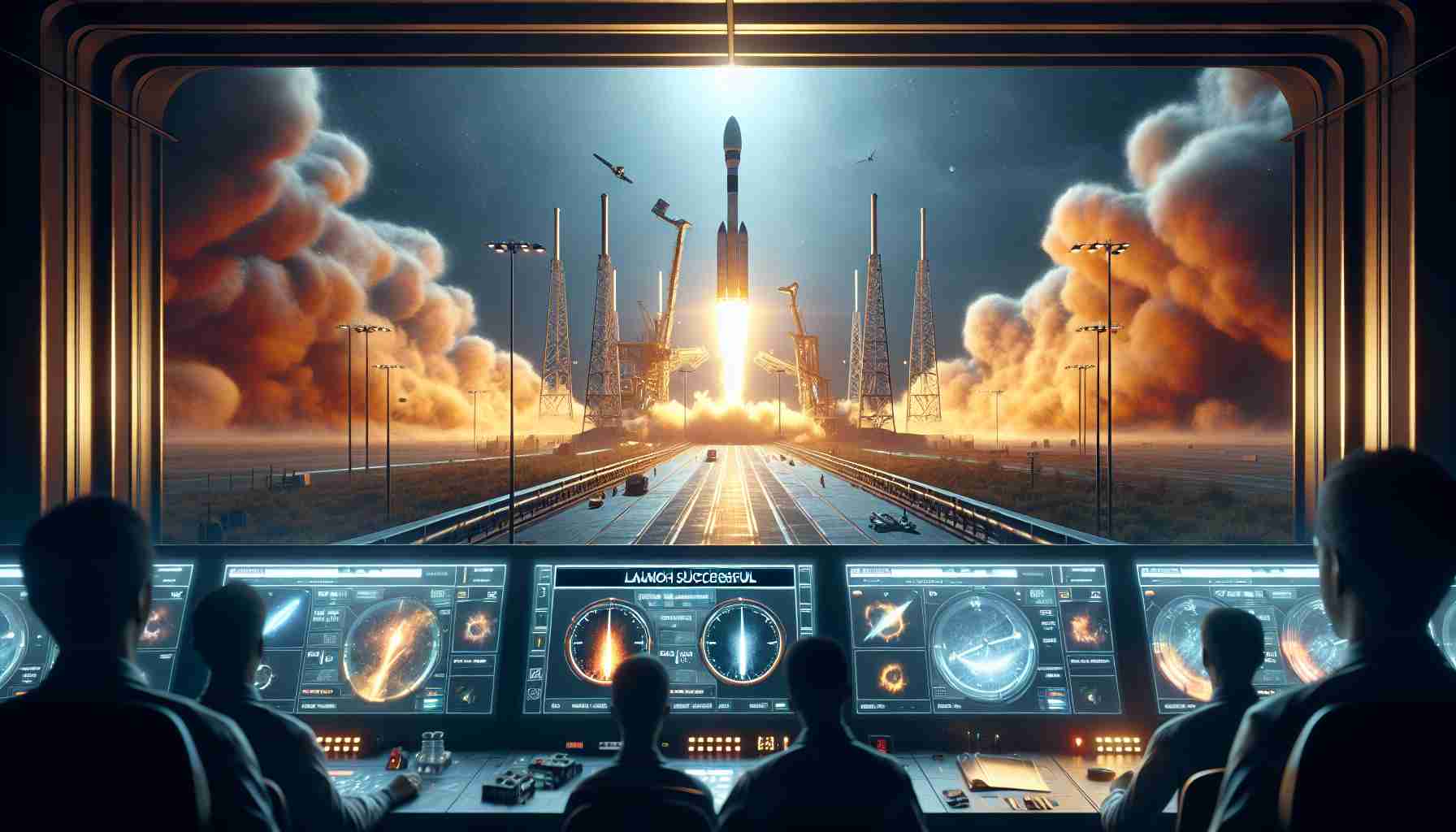 Generate a realistic, high-definition image that depicts a milestone successful launch by a private space exploration company. Show a rocket soaring into the sky, with fiery exhaust fumes illuminating the launch pad, and ground crew members observing the launch from a safe distance. The viewing screen in the control room displays 'Launch Successful', signifying the achievement of a major milestone.