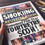 Realistic high-definition image of a digital newspaper headline exclaiming 'Shocking Revelation: Renowned Film Star to Retire Soon!' on an eye-catching front page layout.