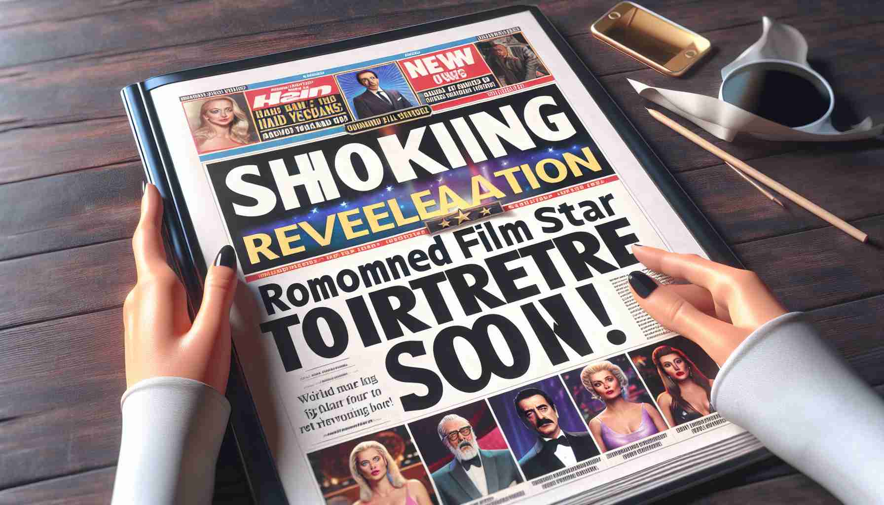 Realistic high-definition image of a digital newspaper headline exclaiming 'Shocking Revelation: Renowned Film Star to Retire Soon!' on an eye-catching front page layout.