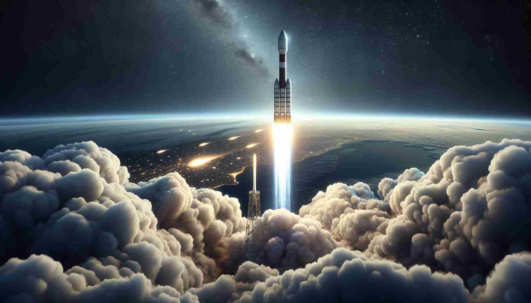 Create a high-definition, realistic depiction of a successful space launch by an unspecified company. The image should showcase the rocket ascending skyward, leaving behind a trail of smoke. At the peak of the rocket's journey, depict the gentle release of the technology payloads, referred to as communication satellites, into their intended orbital plane.