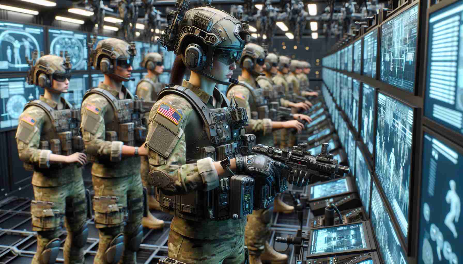 High-definition, realistic visualization of soldiers training for future warfare. The picture should display a contingent of soldiers of diverse descents, including Caucasian, Hispanic, and South Asian women and men, engaged in technologically advanced training exercises. The training environment could encompass state-of-the-art simulators, virtual reality systems, and robotics. The gear the soldiers wear should reflect modern military attire with added futuristic elements yet maintaining the realistic aspect. Overall, the image should convey the feel of a highly innovative and technologically revolutionary methodology for warfare training.