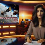 A high definition image portraying a breaking news scene. There's a news anchorwoman of South Asian descent in a studio, showing clear expressions of shock. On a screen behind her, there's a satellite image showing the aftermath of a disaster with lots of debris floating in space. Lower thirds on the screen show headlines such as 'Shocking Satellite Disaster Unfolds'. The lighting in the studio is warm and inviting despite the seriousness of the situation.