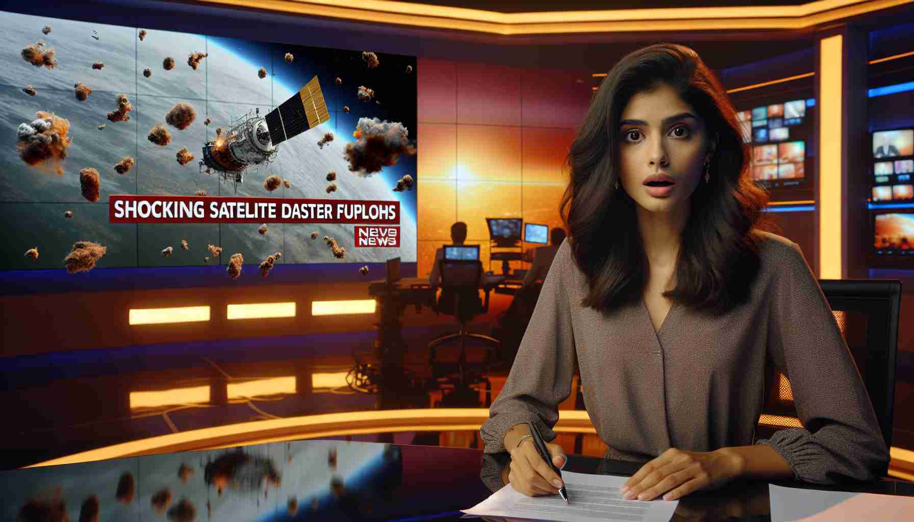 A high definition image portraying a breaking news scene. There's a news anchorwoman of South Asian descent in a studio, showing clear expressions of shock. On a screen behind her, there's a satellite image showing the aftermath of a disaster with lots of debris floating in space. Lower thirds on the screen show headlines such as 'Shocking Satellite Disaster Unfolds'. The lighting in the studio is warm and inviting despite the seriousness of the situation.