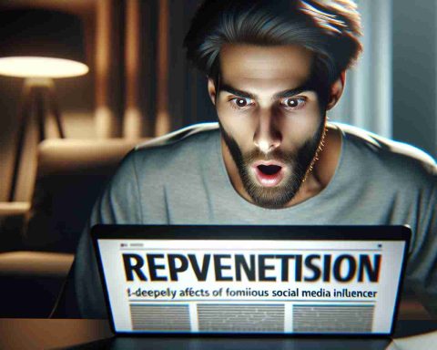 Render a realistic HD image that depicts a moment of surprising revelation that deeply affects the life of a famous social media influencer. Capture their genuine surprise and intensity of feeling in the scene, staying away from identifiable features. Position this influencer in a well-lit modern living room, gazing at a laptop screen in disbelief, the harsh glow from the screen lighting up their facial expressions. A bold, sensational headline runs across the laptop screen, adding to the dramatic atmosphere of the image.