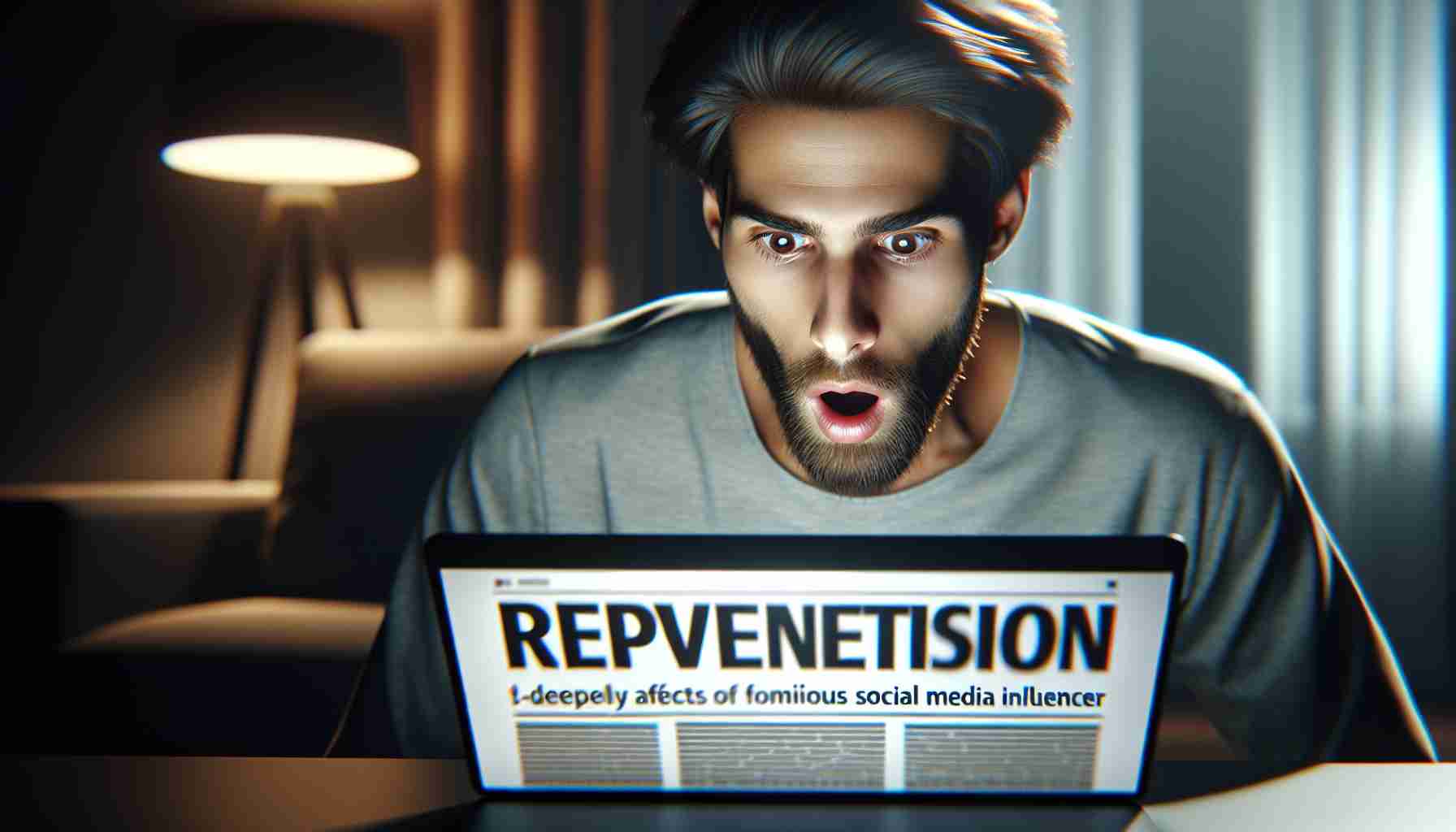 Render a realistic HD image that depicts a moment of surprising revelation that deeply affects the life of a famous social media influencer. Capture their genuine surprise and intensity of feeling in the scene, staying away from identifiable features. Position this influencer in a well-lit modern living room, gazing at a laptop screen in disbelief, the harsh glow from the screen lighting up their facial expressions. A bold, sensational headline runs across the laptop screen, adding to the dramatic atmosphere of the image.