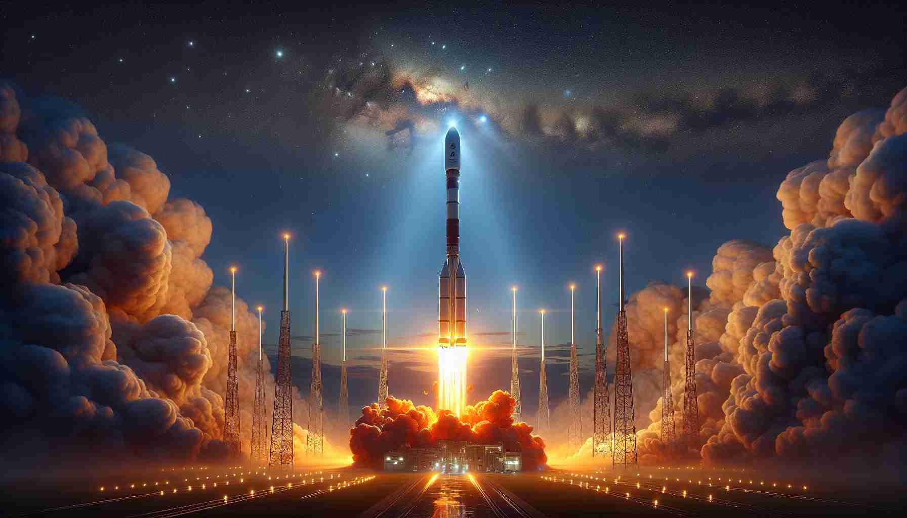 Produce a photorealistic, high-definition image displaying the thrilling launch of revolutionary communication satellites. The scene should show the intense energy of a rocket launch with bright orange flames and plumes of smoke at its base, cutting through a magnificent twilight sky dotted with a few early stars. The sleek and gleaming rocket, a marvel of modern technology, is carrying the communication satellites into their destined orbits. At a safe distance, the ground crew is monitoring the impressive spectacle with a mix of awe and anticipation. The atmosphere of the whole scene is electrifying and signifies a remarkable milestone in the field of communication technology.