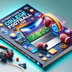 Render a high-definition, realistic image of an ultimate guide to streaming college football live. It should appear as a vibrant, well-designed guidebook cover. The cover design should feature relevant images, such as a college football game in action on a laptop screen or mobile device, a pair of headphones, and thematic elements like WiFi symbols, streaming icons, or play buttons. Striking, legible typography should be used for the title 'Ultimate Guide to Stream College Football Live'.