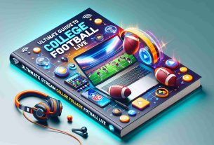 Render a high-definition, realistic image of an ultimate guide to streaming college football live. It should appear as a vibrant, well-designed guidebook cover. The cover design should feature relevant images, such as a college football game in action on a laptop screen or mobile device, a pair of headphones, and thematic elements like WiFi symbols, streaming icons, or play buttons. Striking, legible typography should be used for the title 'Ultimate Guide to Stream College Football Live'.