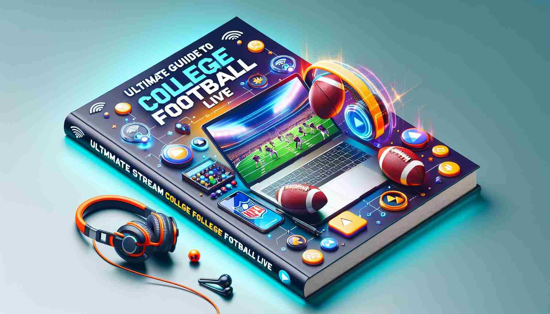 Render a high-definition, realistic image of an ultimate guide to streaming college football live. It should appear as a vibrant, well-designed guidebook cover. The cover design should feature relevant images, such as a college football game in action on a laptop screen or mobile device, a pair of headphones, and thematic elements like WiFi symbols, streaming icons, or play buttons. Striking, legible typography should be used for the title 'Ultimate Guide to Stream College Football Live'.