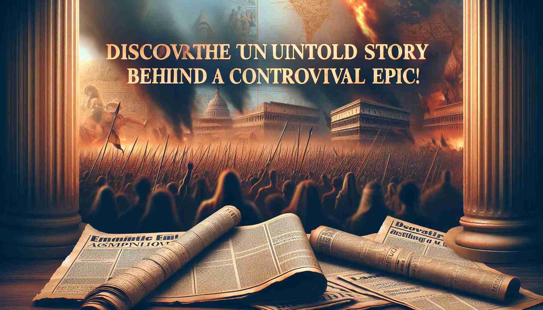 Generate a high-definition, realistic image promoting 'Discover the Untold Story Behind a Controversial Epic!', signifying an important historical or cultural event shrouded in mystery and controversy, depicted through a stack of sensational tabloids, an open ancient map hinting at a secret location and a blurred backdrop of a tumultuous crowd. The overall tone should evoke intrigue, excitement and a sense of past narratives waiting to be unveiled.