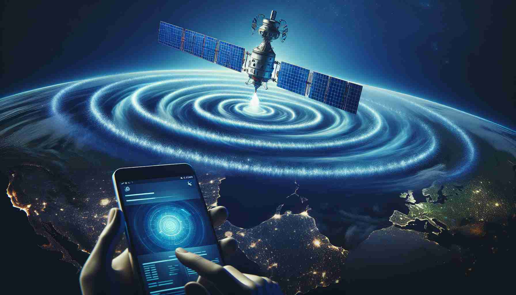 Visualize a highly detailed and realistic image representing the concept of staying connected during emergencies using satellite messaging technology. The scene might include a satellite spiraling in the deep blue expanse of space, signal waves emanating from it, signifying the transmission of messages. On Earth, visual cues might include handheld devices displaying satellite messages or a map showcasing global connectivity. The message could also be subtly represented in the imagery through symbols or the interface of the handheld devices.