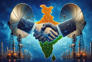 Generate a realistic high-definition image of a symbolic representation of a telecommunications collaboration between a multinational company and an Indian company, which aims to revolutionize digital connectivity in India. Perhaps it shows two satellite dishes shaking hands under the blue sky, symbolizing a merging of technologies, or the integration of satellites and cables forming a network against a map of India in the background, suggesting a nationwide digital connectivity revolution.