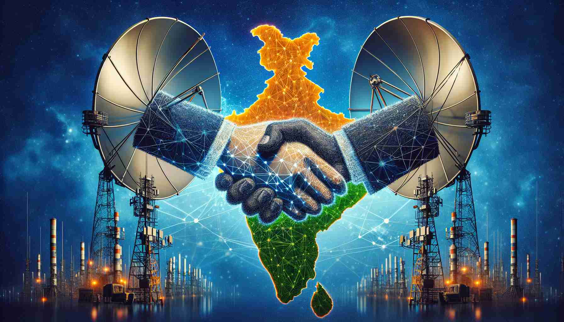 Generate a realistic high-definition image of a symbolic representation of a telecommunications collaboration between a multinational company and an Indian company, which aims to revolutionize digital connectivity in India. Perhaps it shows two satellite dishes shaking hands under the blue sky, symbolizing a merging of technologies, or the integration of satellites and cables forming a network against a map of India in the background, suggesting a nationwide digital connectivity revolution.