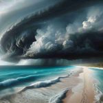 High-definition, realistic depiction of a tropical storm, known as Julia, unexpectedly intensifying. The ominous grey clouds hover over the turquoise Caribbean ocean, while the shoreline is visible in the distance. The stormy gusts generate large waves and white foam as they crash onto the lonely beach. The scarce sunlight strains to permeate the cloud cover, creating an atmosphere of mystery and suspense. There are no humans in the scene; only the raw force of nature is on display.