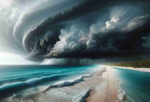 High-definition, realistic depiction of a tropical storm, known as Julia, unexpectedly intensifying. The ominous grey clouds hover over the turquoise Caribbean ocean, while the shoreline is visible in the distance. The stormy gusts generate large waves and white foam as they crash onto the lonely beach. The scarce sunlight strains to permeate the cloud cover, creating an atmosphere of mystery and suspense. There are no humans in the scene; only the raw force of nature is on display.