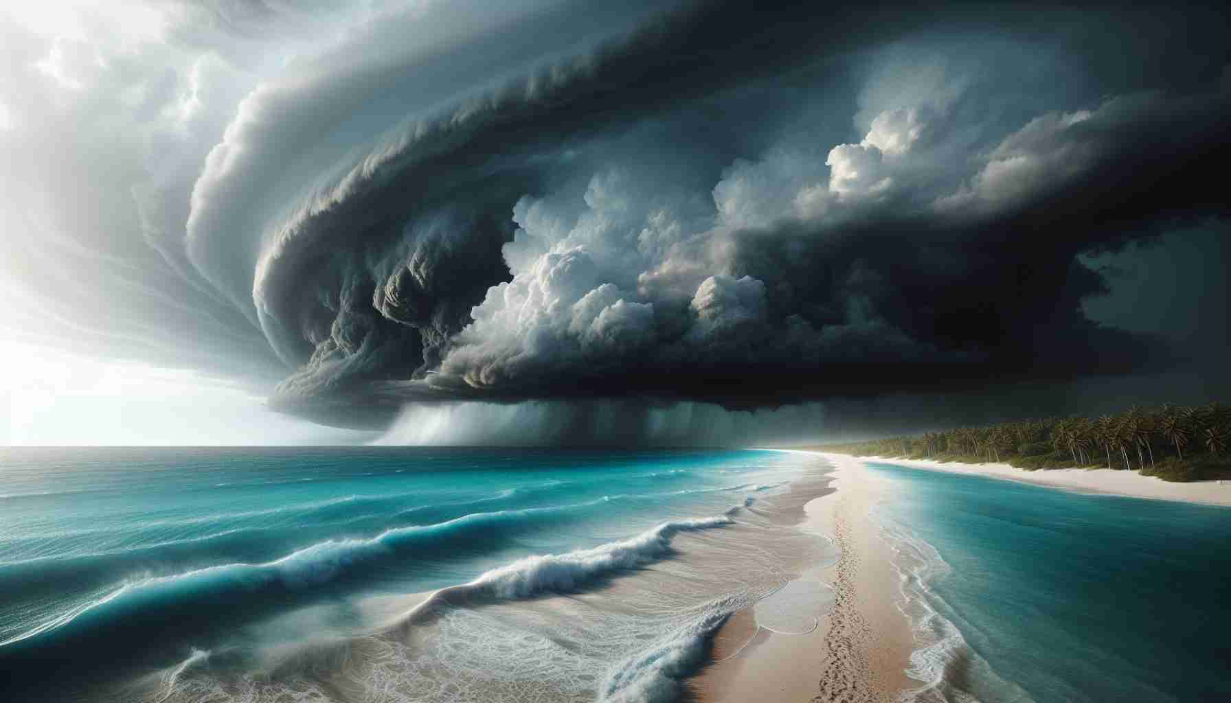 High-definition, realistic depiction of a tropical storm, known as Julia, unexpectedly intensifying. The ominous grey clouds hover over the turquoise Caribbean ocean, while the shoreline is visible in the distance. The stormy gusts generate large waves and white foam as they crash onto the lonely beach. The scarce sunlight strains to permeate the cloud cover, creating an atmosphere of mystery and suspense. There are no humans in the scene; only the raw force of nature is on display.