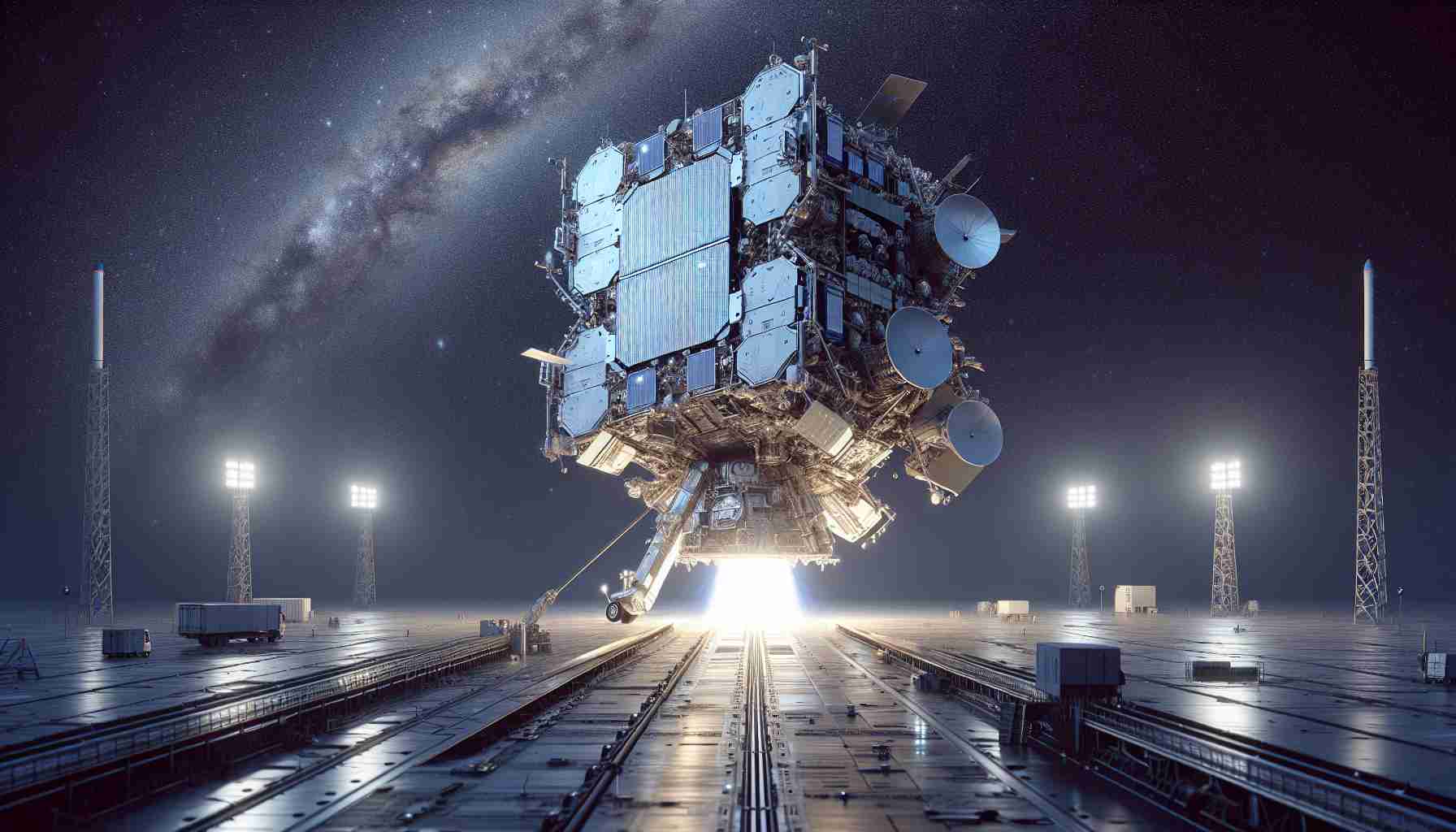 A detailed, high-definition illustration representing an innovative radar satellite nearing its launch milestone. The satellite, a marvel of engineering, is prepared for launch on the ramp, with a backdrop of the humbling vastness of the cosmic void. The satellite is painted in a cool silver hue, its intricate antennas and radar systems placed in clear view. It sits poised, ready to ascend into space. The air around it teems with anticipation, as ground crew members hover, performing necessary last-minute checks. The halogen lights from the launch pad give the atmosphere an ethereal quality.