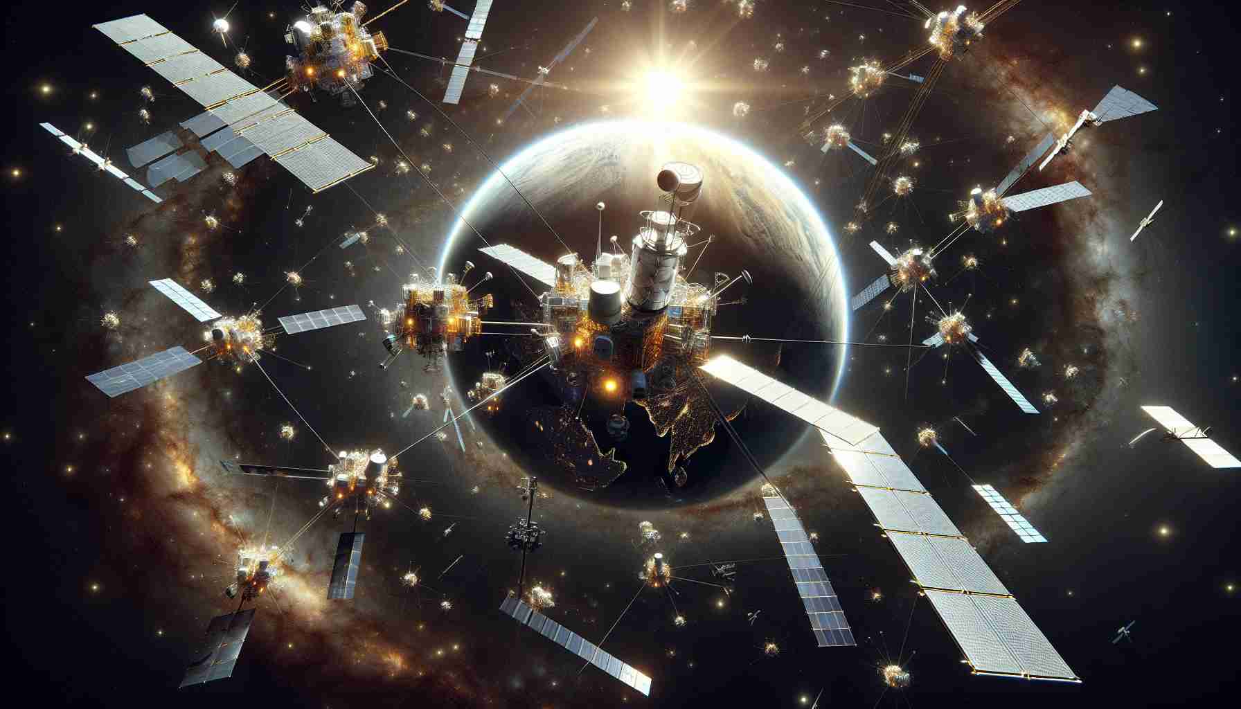 High-definition, realistic rendition of a thriving satellite constellation program attributed to China. The image should depict a remarkable and complex network of satellites in space, beaming with signals, interconnected and revolving around Earth. The space background should contain countless stars, nebulae, and other celestial bodies. The Earth should be in the foreground, bathed in a warm, soft light from the sun. The satellite network, depicted using detailed artistic imagination, should show an advanced technological acumen. The constellation of satellites are interconnected and equipped with high-tech devices. Try to focus on the engineering and intricate craftsmanship of the satellite structure.