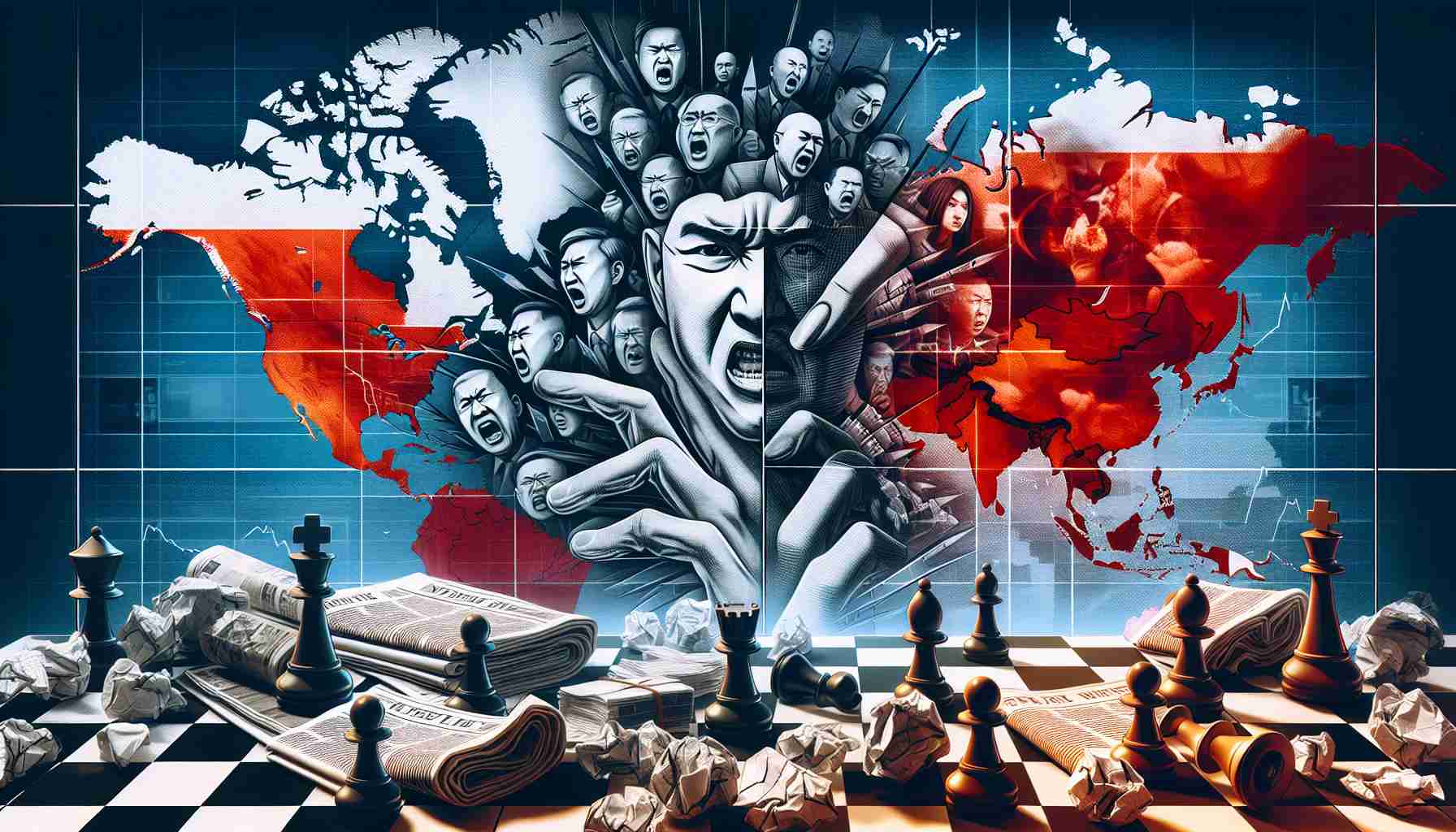 A high-definition realistic image depicting a symbolic representation of the rising concerns related to an alleged involvement of a North East Asian nation in an Eastern European conflict. The composition might show elements such as tension-filled faces, agitated discussion in a newsroom, crumpled newspapers with bold headlines, an abstract map showing these geographical regions and perhaps a chessboard with pieces representing strategic positioning.