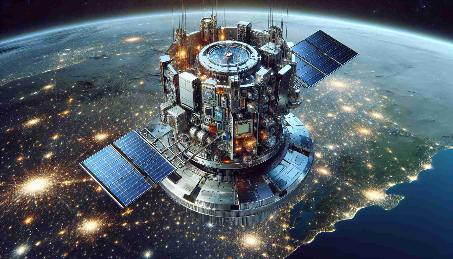 Realistically detailed high-definition image of the concept of enhancements in satellite connectivity, represented through advanced, cutting edge innovations in satellite technology. The image should portray the aesthetically futuristic design of a technologically sophisticated satellite in orbit, with visible high-tech components implying its enhanced connectivity capabilities. Space, earth in the background, and sky filled with stars to give the context of the satellite's working environment.