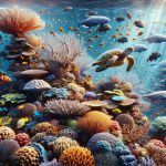 Generate a high-definition, realistic image showcasing the stunning beauty of marine life. The scene should capture a diverse range of aquatic species such as corals of various shapes and vibrant colors, schools of tropical fish, and possibly even a majestic sea turtle or a graceful manta ray. Set against the backdrop of an underwater landscape, the image should embody the serene yet lively nature of undersea ecosystems, illuminating the intricate details of these organisms and their habitats.