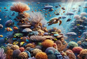 Generate a high-definition, realistic image showcasing the stunning beauty of marine life. The scene should capture a diverse range of aquatic species such as corals of various shapes and vibrant colors, schools of tropical fish, and possibly even a majestic sea turtle or a graceful manta ray. Set against the backdrop of an underwater landscape, the image should embody the serene yet lively nature of undersea ecosystems, illuminating the intricate details of these organisms and their habitats.