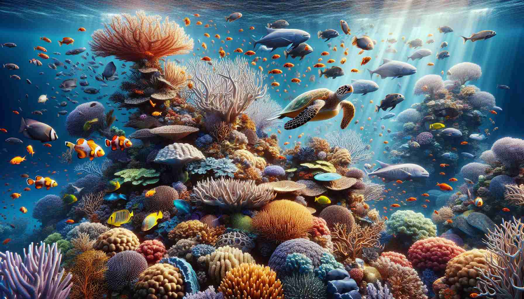 Generate a high-definition, realistic image showcasing the stunning beauty of marine life. The scene should capture a diverse range of aquatic species such as corals of various shapes and vibrant colors, schools of tropical fish, and possibly even a majestic sea turtle or a graceful manta ray. Set against the backdrop of an underwater landscape, the image should embody the serene yet lively nature of undersea ecosystems, illuminating the intricate details of these organisms and their habitats.