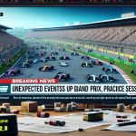 High definition, realistic representation of a Breaking News headline that reads 'Unexpected Events Shake Up Grand Prix Practice Sessions'. The backdrop of the image can portray scenes of a buzzing race track filled with race cars, pit crews, and spectators. A news ticker at the bottom of the image can detail additional information about these unexpected events.