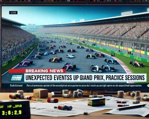 High definition, realistic representation of a Breaking News headline that reads 'Unexpected Events Shake Up Grand Prix Practice Sessions'. The backdrop of the image can portray scenes of a buzzing race track filled with race cars, pit crews, and spectators. A news ticker at the bottom of the image can detail additional information about these unexpected events.