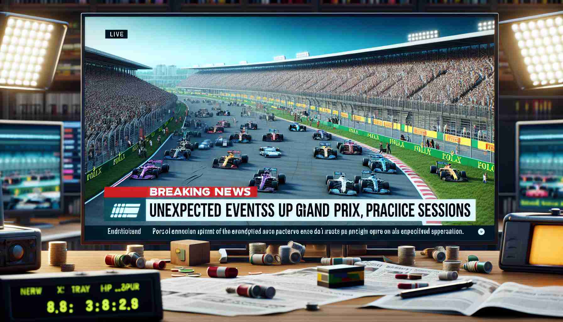 High definition, realistic representation of a Breaking News headline that reads 'Unexpected Events Shake Up Grand Prix Practice Sessions'. The backdrop of the image can portray scenes of a buzzing race track filled with race cars, pit crews, and spectators. A news ticker at the bottom of the image can detail additional information about these unexpected events.