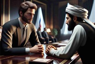 A realistic HD image depicting a meeting in a diplomatic setting. Two individuals, one Caucasian male and one Middle-Eastern male, are involved in a serious discussion. Both are dressed formally, the Caucasian man's attire is typical of Russian traditional formal wear, while the Middle-Eastern man's attire reflects Iranian traditions. They are seated at a large polished wooden table, strewn with papers and documents. The atmosphere is tense yet congenial, indicative of serious political dialogue.