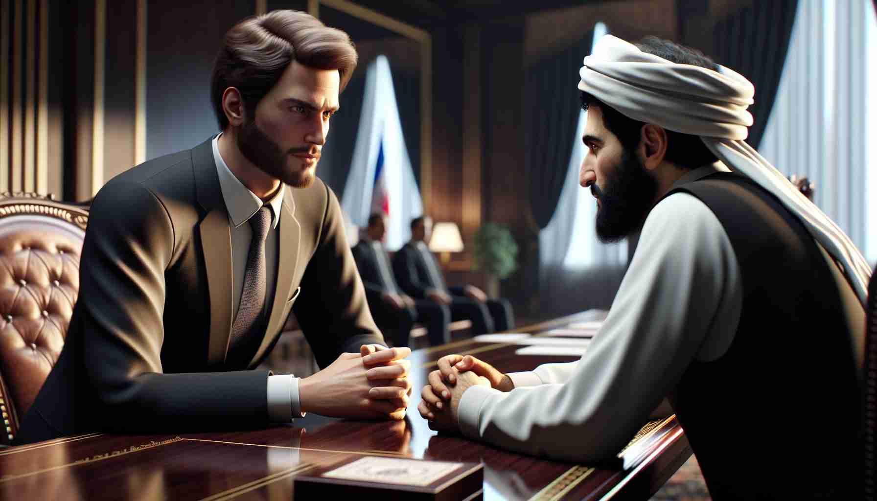 A realistic HD image depicting a meeting in a diplomatic setting. Two individuals, one Caucasian male and one Middle-Eastern male, are involved in a serious discussion. Both are dressed formally, the Caucasian man's attire is typical of Russian traditional formal wear, while the Middle-Eastern man's attire reflects Iranian traditions. They are seated at a large polished wooden table, strewn with papers and documents. The atmosphere is tense yet congenial, indicative of serious political dialogue.