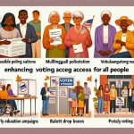 Create a high-definition, realistic image that represents enhancing voting access for all people in Iowa. The image should highlight various aspects like accessible polling stations, multilingual voting materials, voter education campaigns, ballot drop boxes, early voting, and postal voting. Make sure to include a diverse representation of Iowans - middle-aged Black women, elderly Caucasian men, South Asian youths, and Middle-Eastern adults.