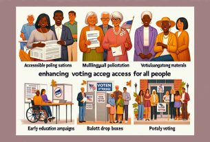 Create a high-definition, realistic image that represents enhancing voting access for all people in Iowa. The image should highlight various aspects like accessible polling stations, multilingual voting materials, voter education campaigns, ballot drop boxes, early voting, and postal voting. Make sure to include a diverse representation of Iowans - middle-aged Black women, elderly Caucasian men, South Asian youths, and Middle-Eastern adults.