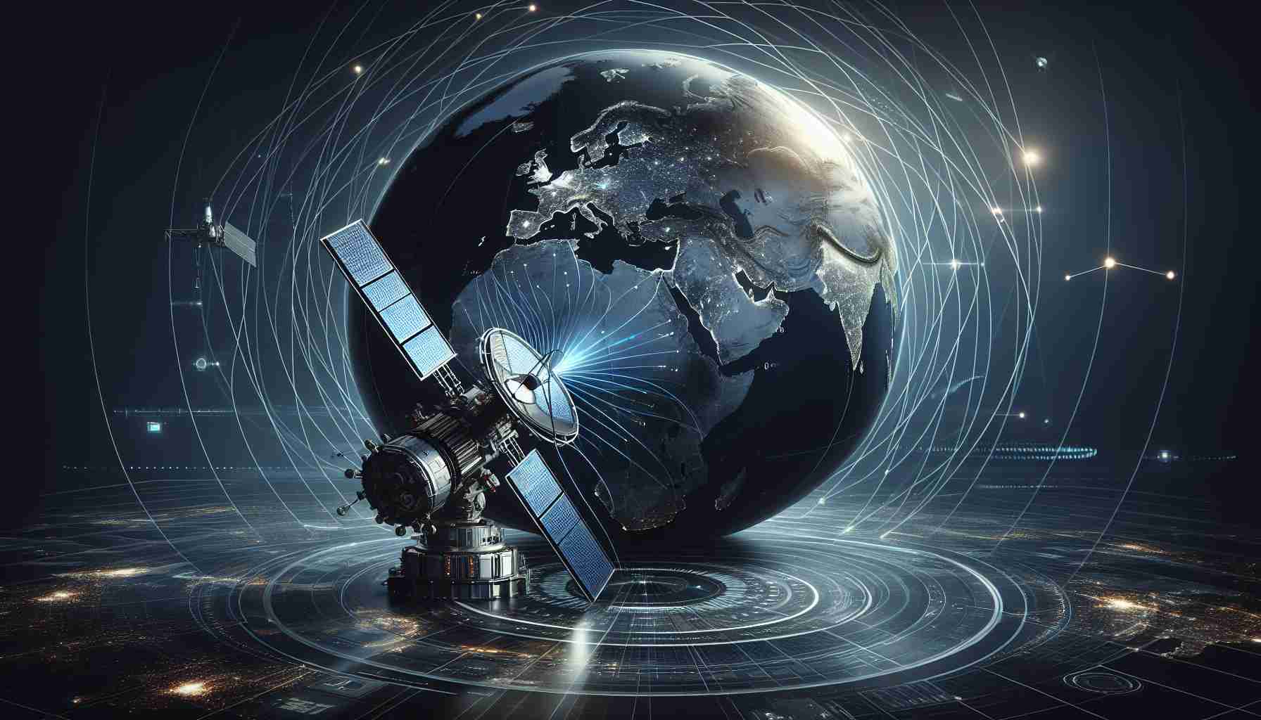 Create a realistic, high-definition image showcasing the revolution in communication through next-generation satellite technology. The scene includes a silhouette of the globe in the background with signals emanating from various points, indicating communication links. In the foreground, there's a highly detailed and futuristic satellite, demonstrating advanced technology. Visual effects such as radiating waves can be used to indicate the satellite transmitting and receiving data, which symbolizes active communication. The dominant colors are dark blues and metallic grays, creating a subdued and serious-scientific atmosphere.