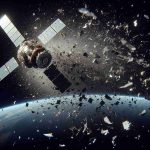 A realistic high-definition depiction of a Russian satellite experiencing a failure in outer space. As a result of this malfunction, the satellite begins to disintegrate, creating a storm of space debris. This scene shows fragments of the satellite, varying in size and shape, scattering across the vast dark expanse of space. Please capture the stark contrast between the bright reflective debris and the deep blackness of space. The Earth can be seen far in the distance, a blue and white sphere creating a stunning backdrop to this catastrophic event.