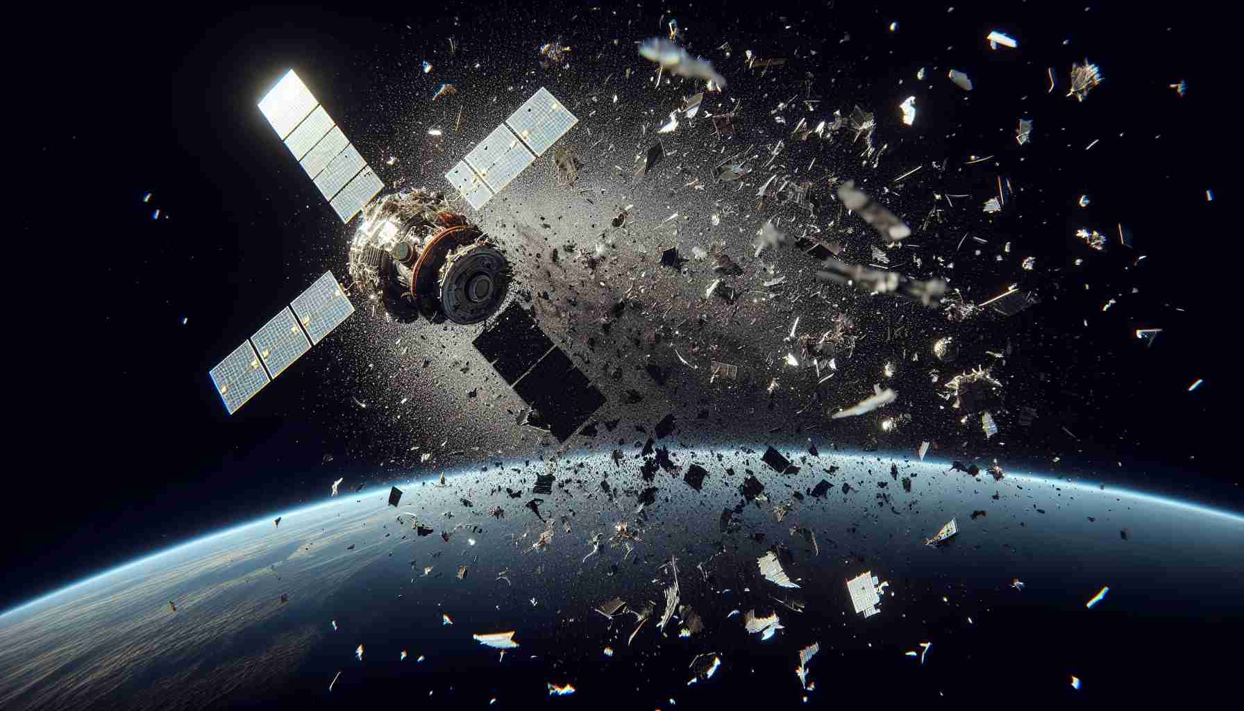 A realistic high-definition depiction of a Russian satellite experiencing a failure in outer space. As a result of this malfunction, the satellite begins to disintegrate, creating a storm of space debris. This scene shows fragments of the satellite, varying in size and shape, scattering across the vast dark expanse of space. Please capture the stark contrast between the bright reflective debris and the deep blackness of space. The Earth can be seen far in the distance, a blue and white sphere creating a stunning backdrop to this catastrophic event.