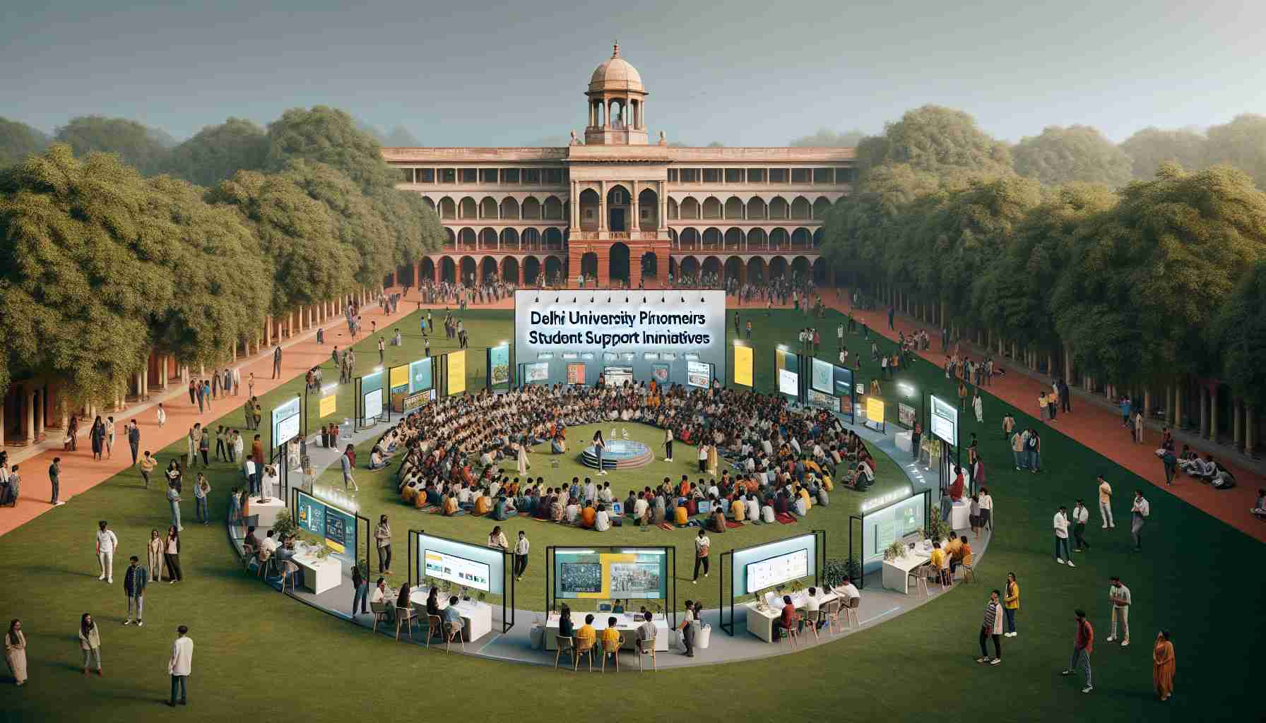 An ultra high-definition image capturing an innovative student support initiative scene at a prestigious, tree-laden university campus, characterized by Colonial-era architecture. Students of various descents and genders are actively participating: some are seated in a circular arrangement in an open green field engaged in a lively discussion, some are at modernized booths registering for various programs, and others are engaged in a digital, interactive session on a large screen. Banners with the text 'Delhi University Pioneers Innovative Student Support Initiatives' are displayed prominently across the scene.