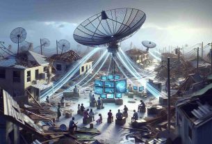 A high definition, photorealistic image showcasing a conceptual program for providing satellite internet services in a disaster-affected area. This technology is not specifically associated with any known entity. The program is designed to support recovery efforts after a hurricane. Visualize satellite dishes hastily placed on buildings amid the wreckage, with data signals visualized as beams reaching up to a network of satellites in the sky. Show people of diverse gender and ethnicity using devices to connect to this network, communicating with relief workers and receiving necessary information.